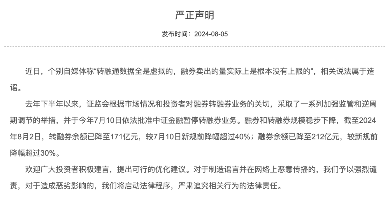 中证金融发布声明，融券和转融券规模稳步下降 世界报资讯