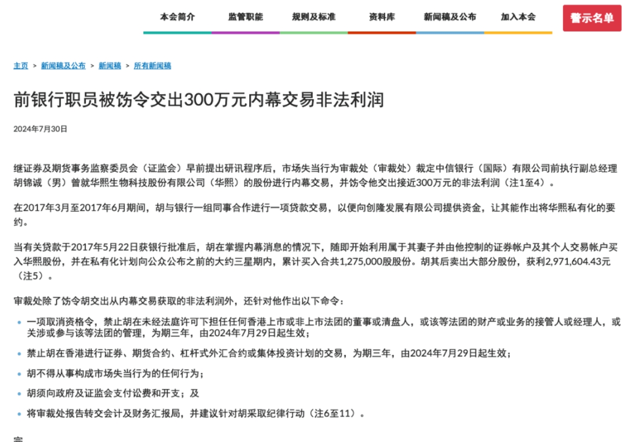 中信银行（国际）前高管被饬令交出近300万港元非法利润 禁业3年